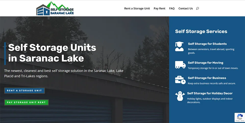 Home page of the Self-Storage Saranac Lake website