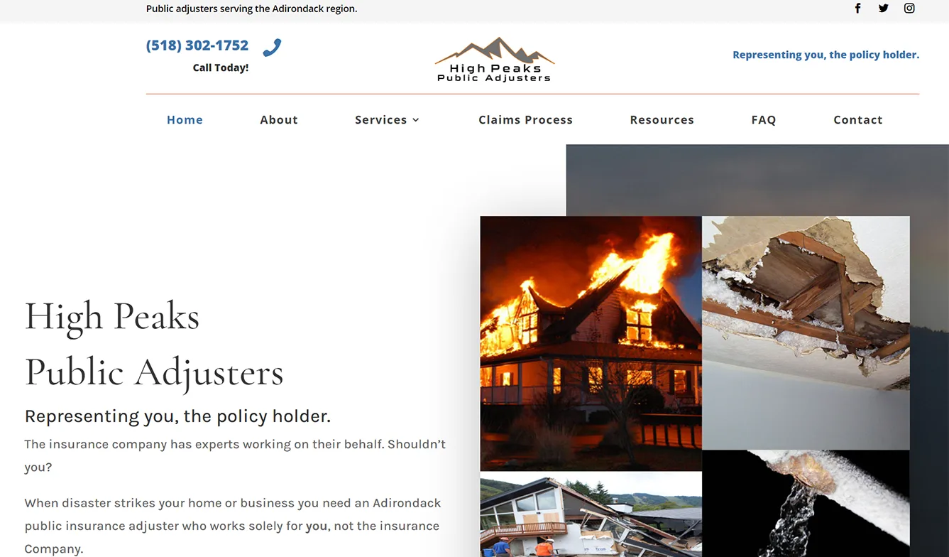 Home page of the High Peaks Public Adjusters website